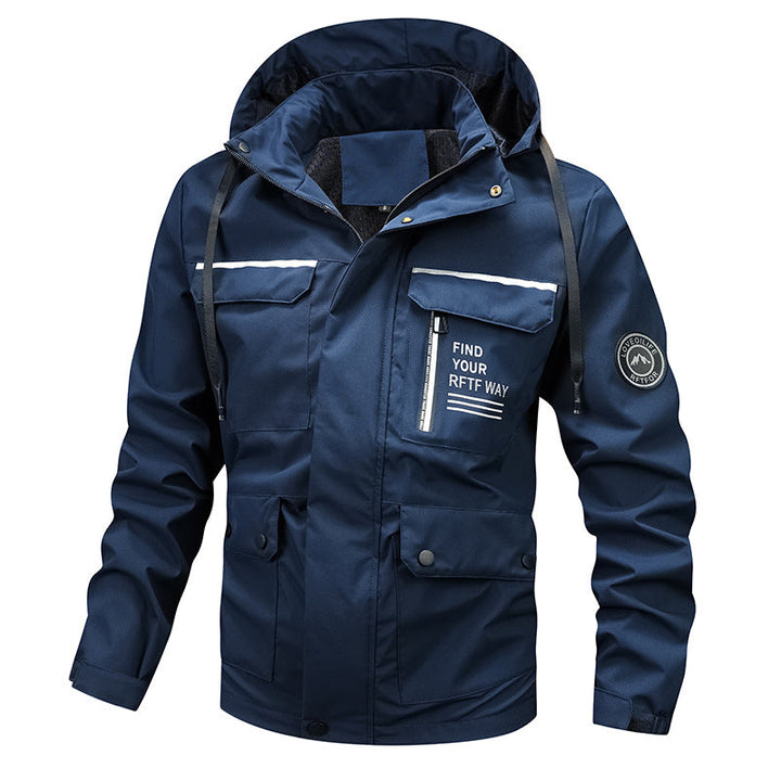 Men’s waterproof hooded rain jacket with a windproof membrane