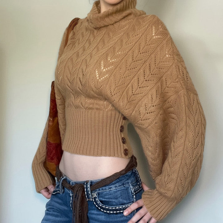 Women's Cropped Long-Sleeve Turtleneck Sweater with Buttons