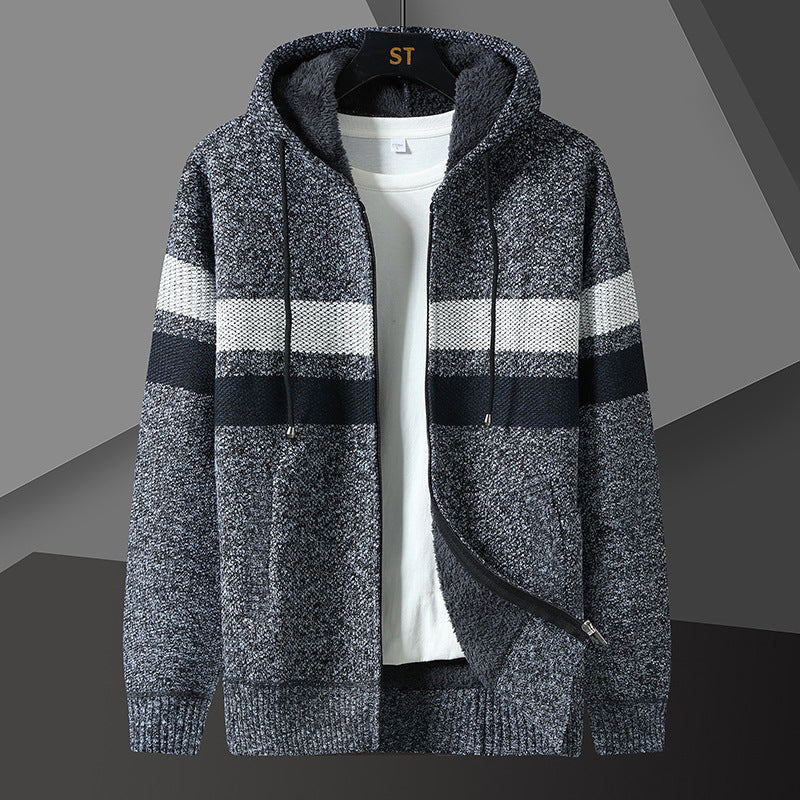 Men's Striped Hooded Jacket with Drawstring and Pockets