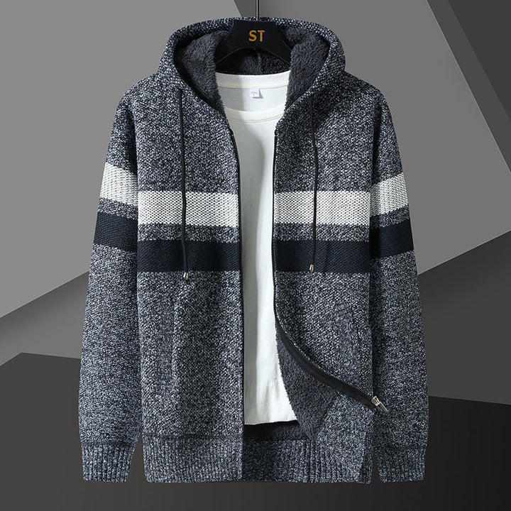 Men's Striped Hooded Jacket with Drawstring and Pockets
