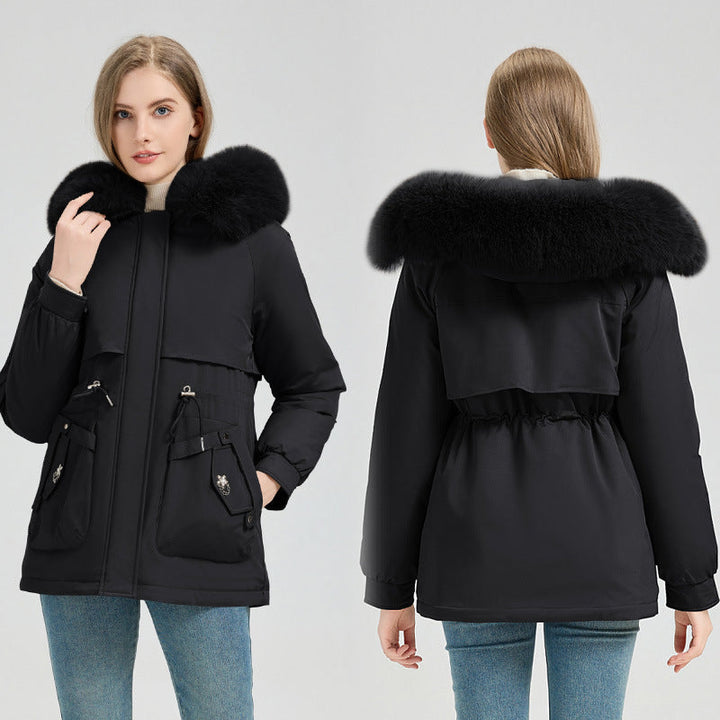 Women's short coat with faux-fur hood and drawstring waist