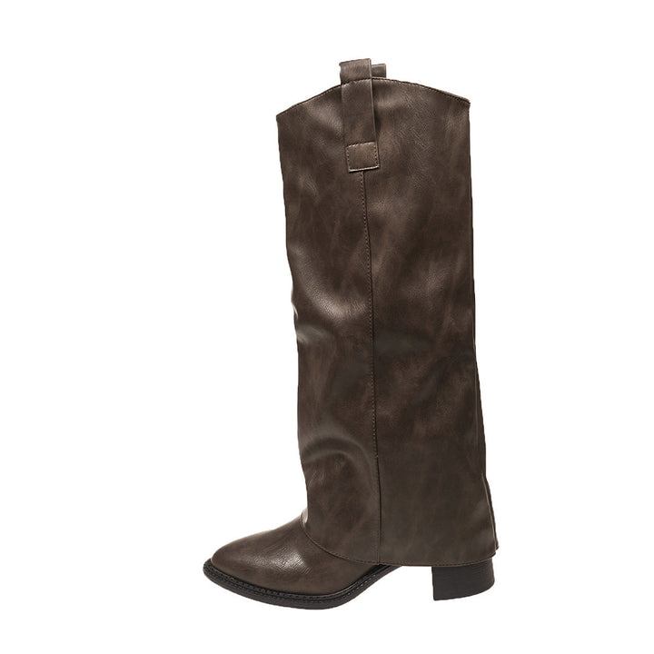 Women’s high-front boots with a medium block heel and a fashionable pull-on shaft