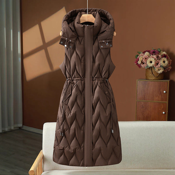 Women's long sleeveless quilted vest with hood and adjustable drawstring waist