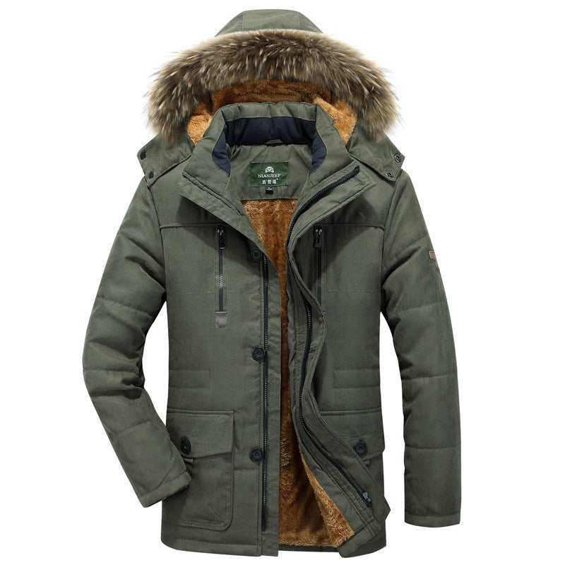 Men's winter parka with hood, buttons, and pockets