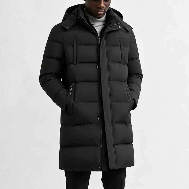 Men's longline puffer jacket with hood and pockets