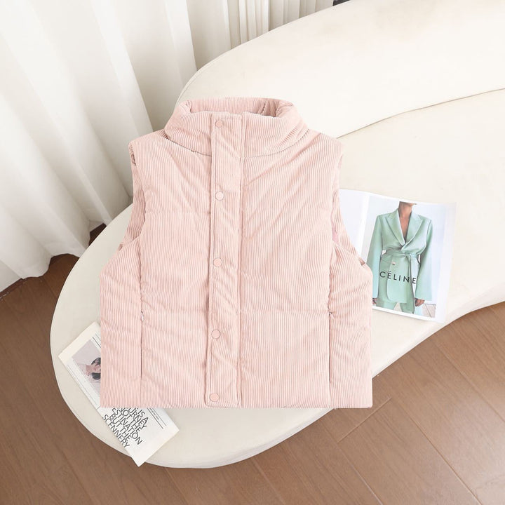 Women's short insulated vest with a high stand-up collar and snap-button placket
