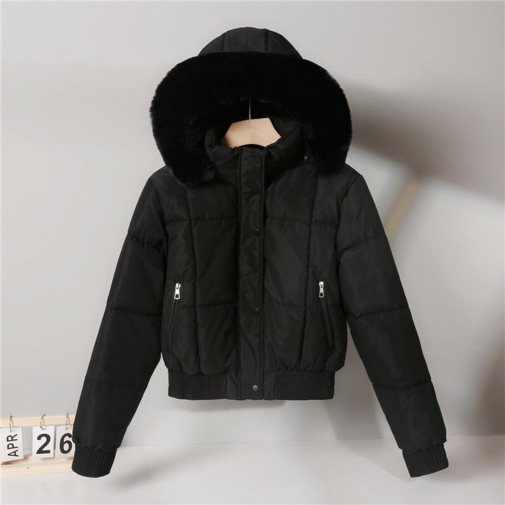 Women’s short insulated hooded blouson jacket with a fur-trimmed collar and elastic ribbed hem