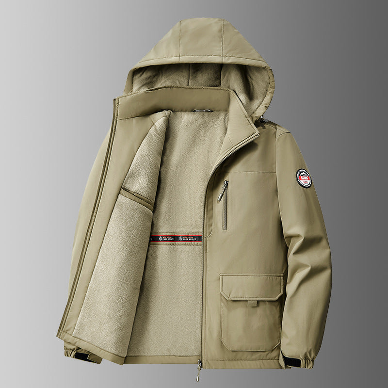 Men’s lined softshell winter jacket with hood and multifunctional pockets