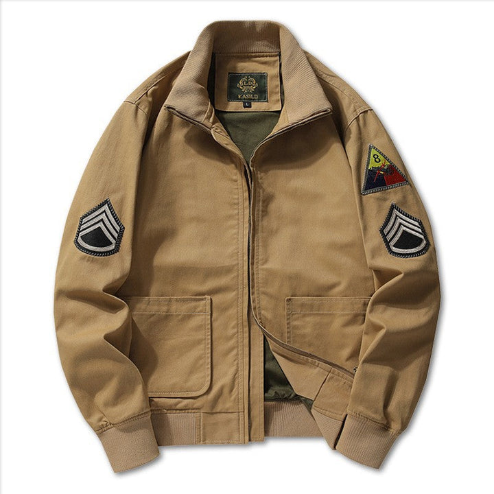 Men’s military-style bomber jacket with patches and a concealed zipper