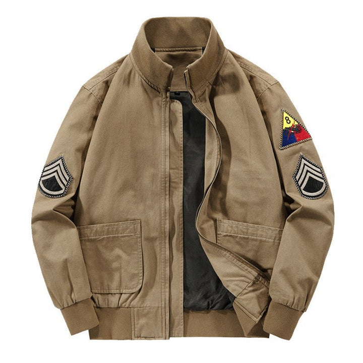 Men’s military-style bomber jacket with patches and a concealed zipper