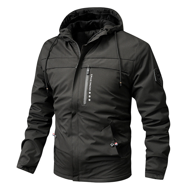 Men’s windproof softshell jacket with adjustable hood and fleece lining