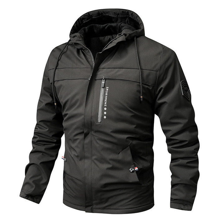 Men’s windproof softshell jacket with adjustable hood and fleece lining