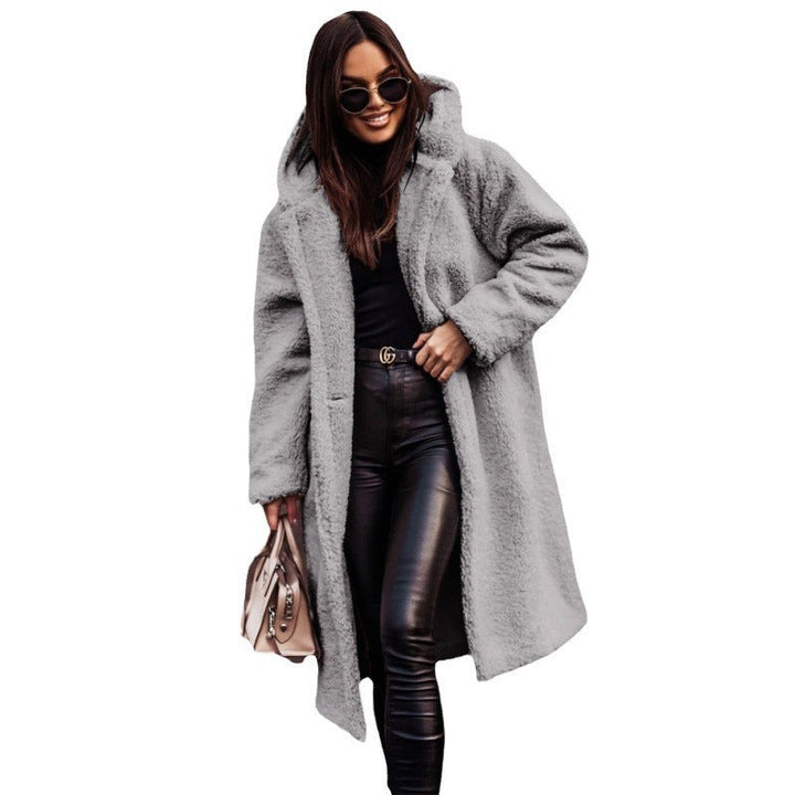 Women’s fluffy teddy coat with hood and buttons
