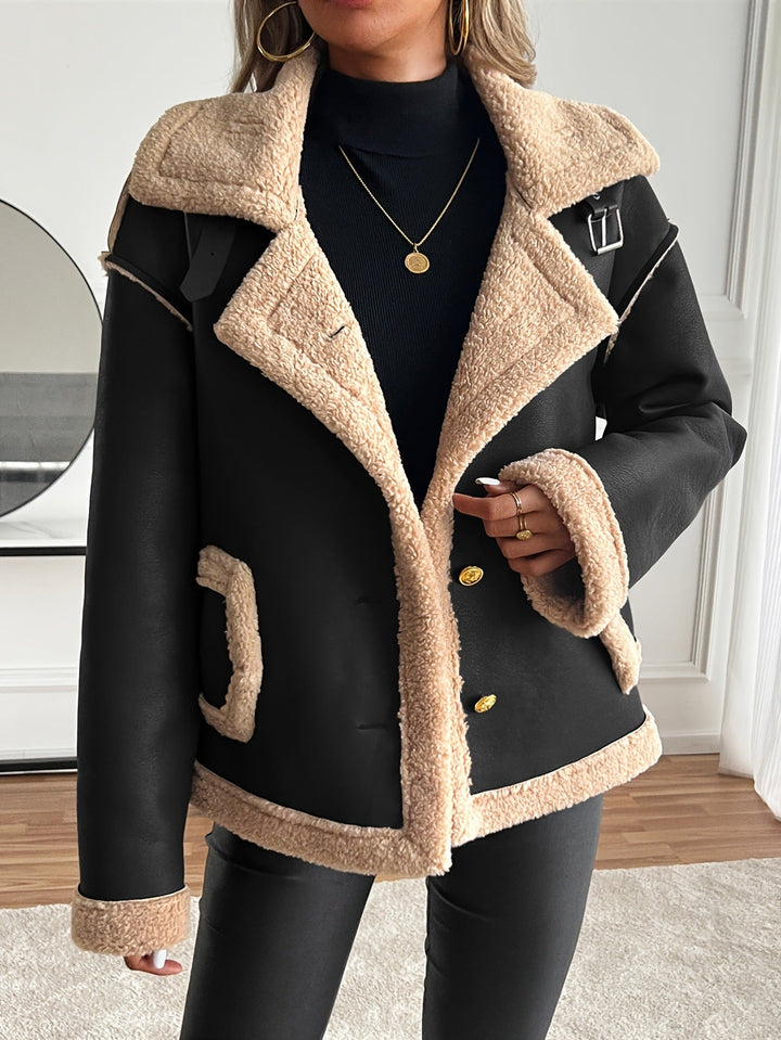 Women's teddy fleece jacket with button placket and side pockets