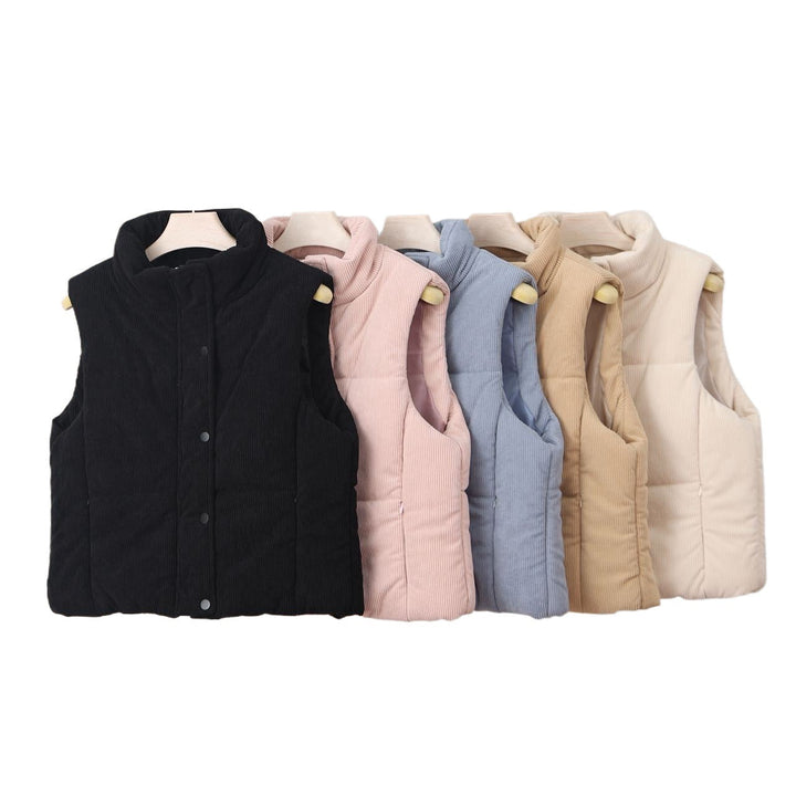 Women's short insulated vest with a high stand-up collar and snap-button placket
