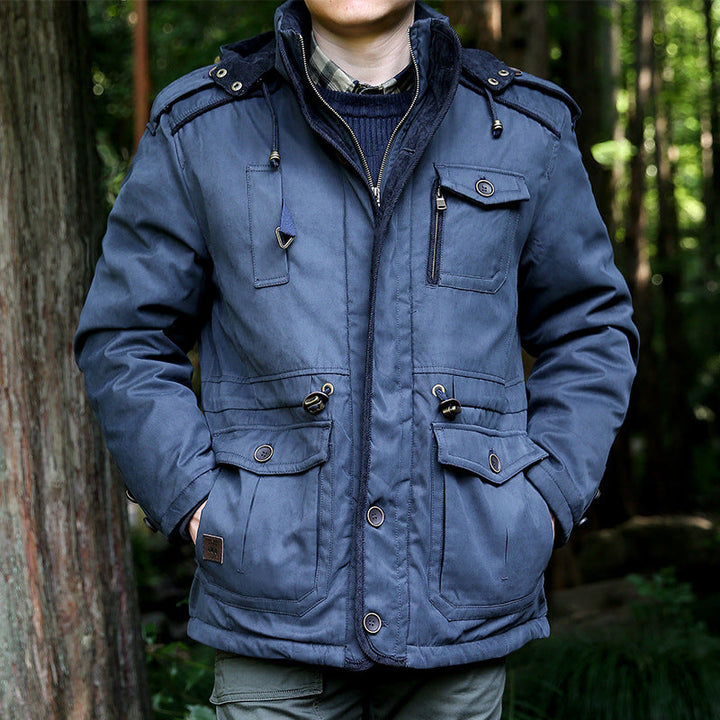 Men's parka with hood, drawstring, buttons, and pockets