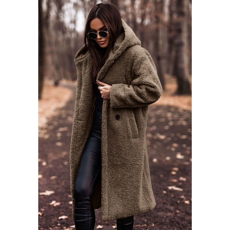 Women’s fluffy teddy coat with hood and buttons