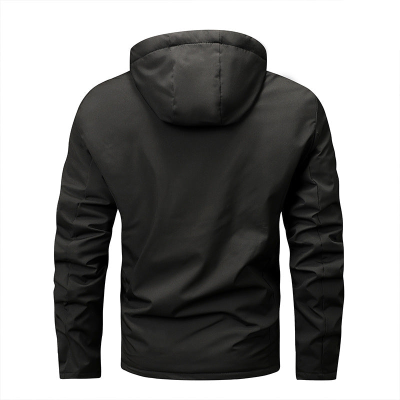 Men’s windproof softshell jacket with adjustable hood and fleece lining
