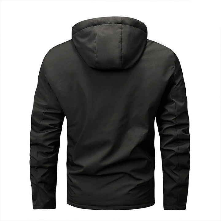 Men’s windproof softshell jacket with adjustable hood and fleece lining