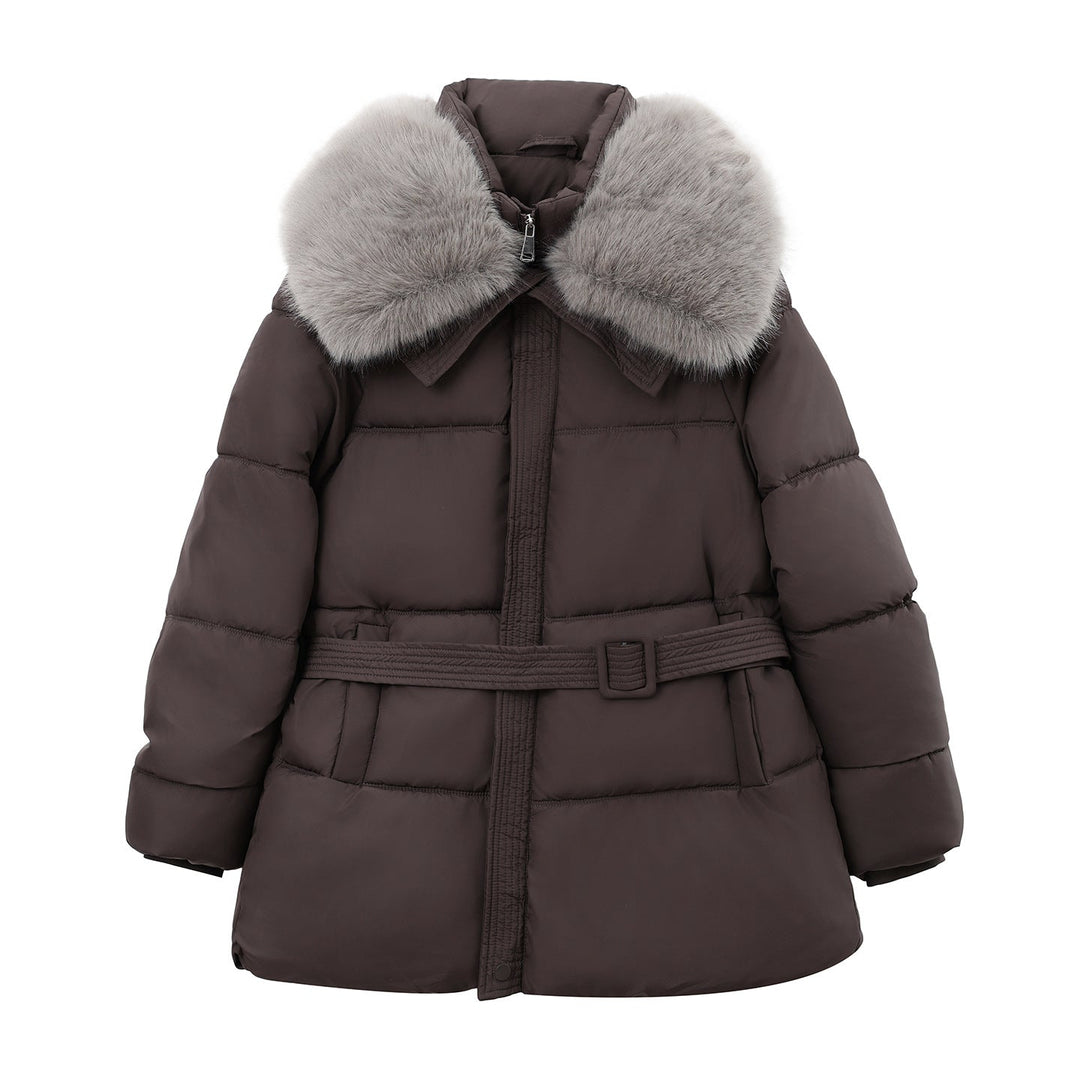 Women’s short quilted coat with detachable faux-fur collar and belt