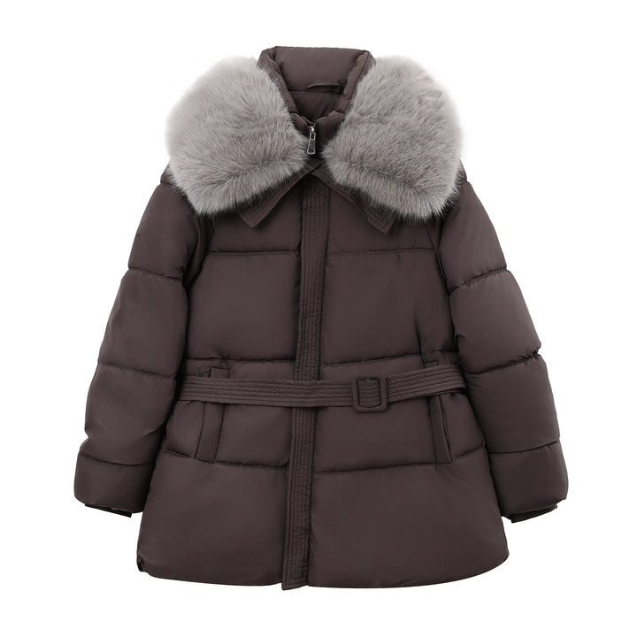 Women’s short quilted coat with detachable faux-fur collar and belt