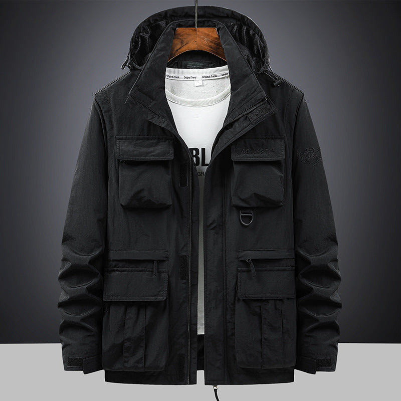 Men's multifunctional field jacket with hood and pockets
