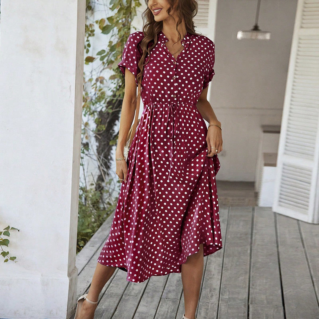 Damen Midi-Kleid mit Punkten, Knöpfen und Bindegürtel