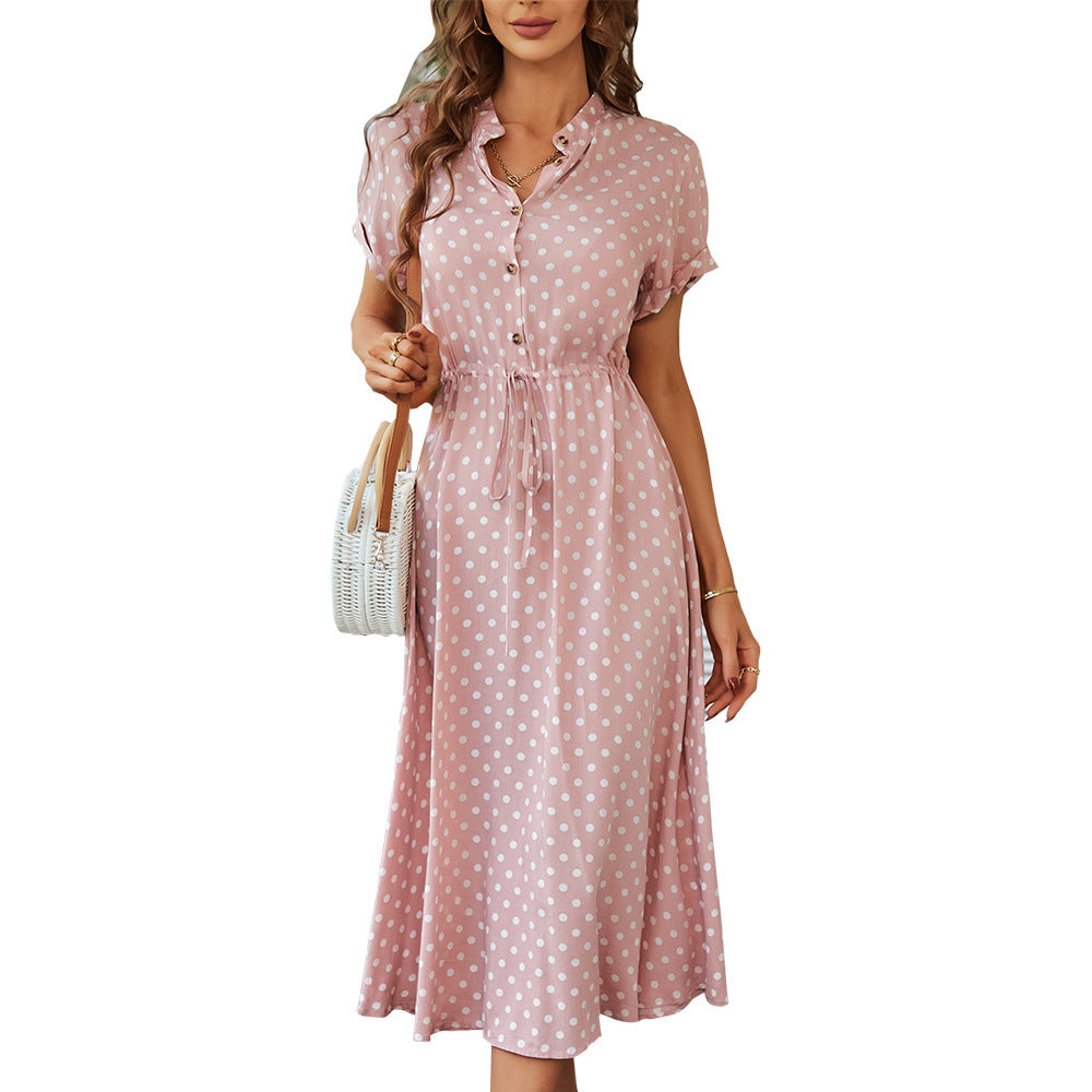 Damen Midi-Kleid mit Punkten, Knöpfen und Bindegürtel