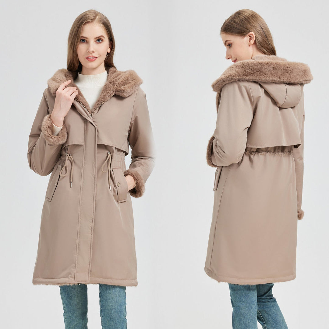 Women's long parka with detachable hood and adjustable waist drawstring