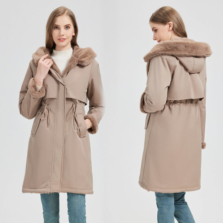 Women's long parka with detachable hood and adjustable waist drawstring