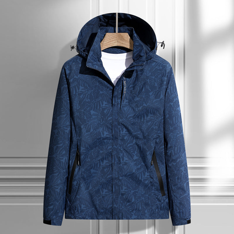 Women's Lightweight Packable Rain and Wind Jacket with Hood, Leaf Pattern