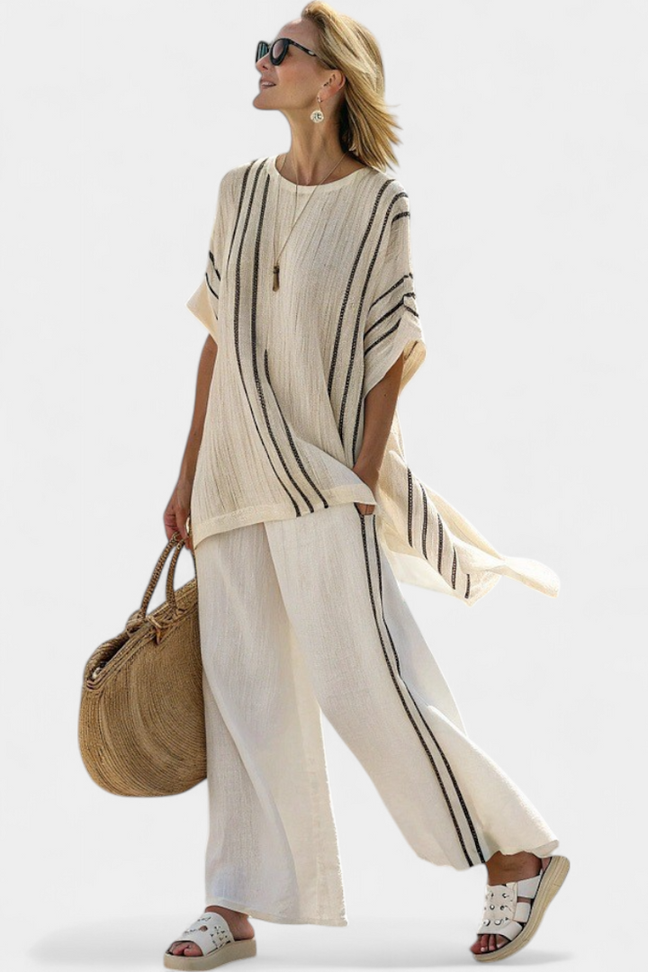 Raffaella - elegant blouse in ivory linen and black striped trousers