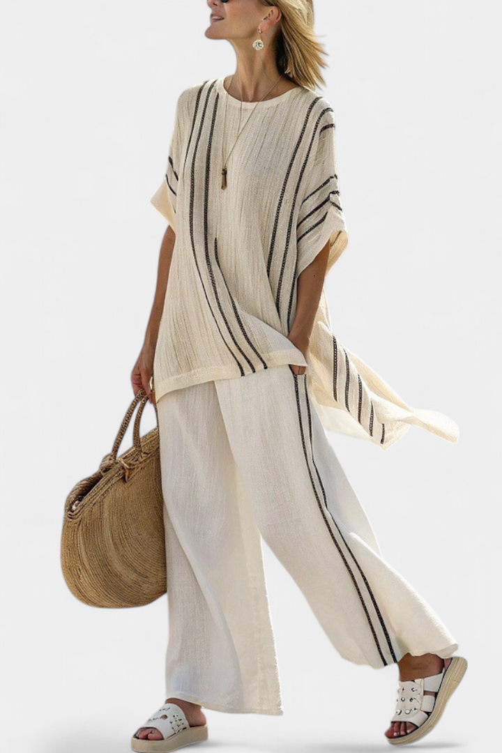 Raffaella - elegant blouse in ivory linen and black striped trousers