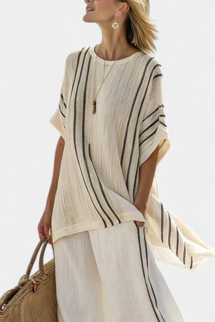 Raffaella - elegant blouse in ivory linen and black striped trousers