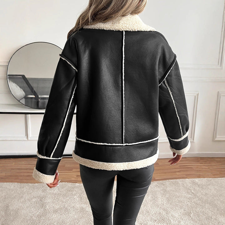 Women's faux leather jacket with teddy lining and zipper
