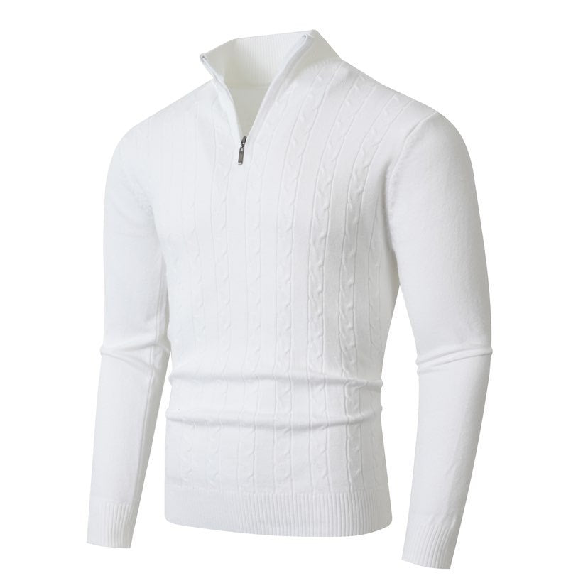 Men's cable-knit sweater with stand-up collar