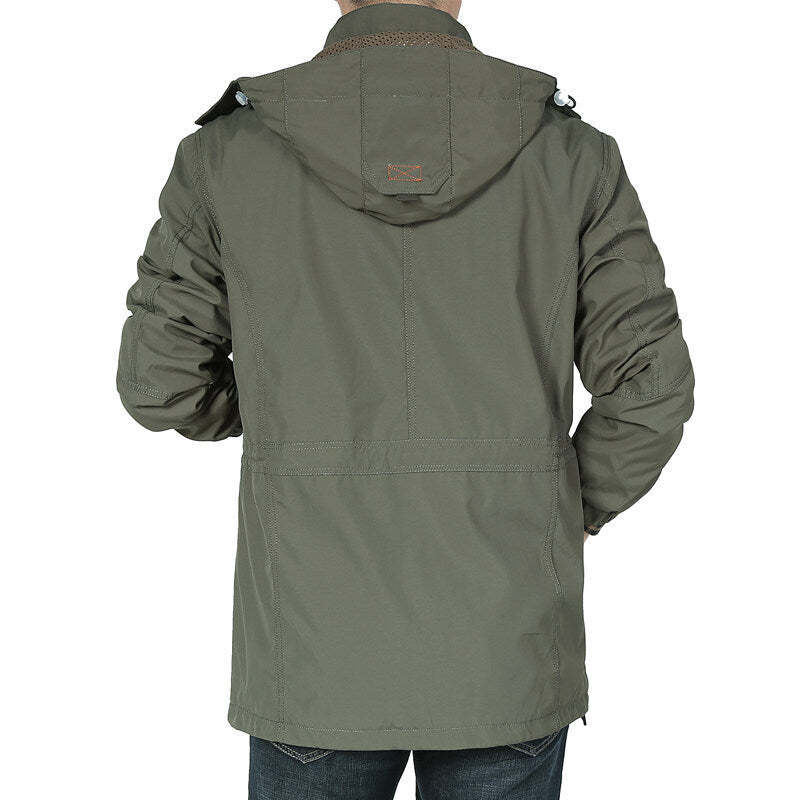 Men's long-sleeved jacket with a hood, buttons, and pockets