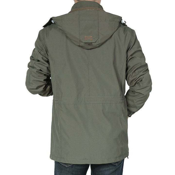 Men's long-sleeved jacket with a hood, buttons, and pockets