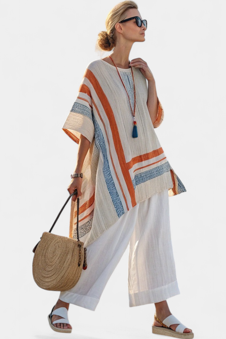 Loredana – Asymmetrical Blouse and Wide Linen Trousers