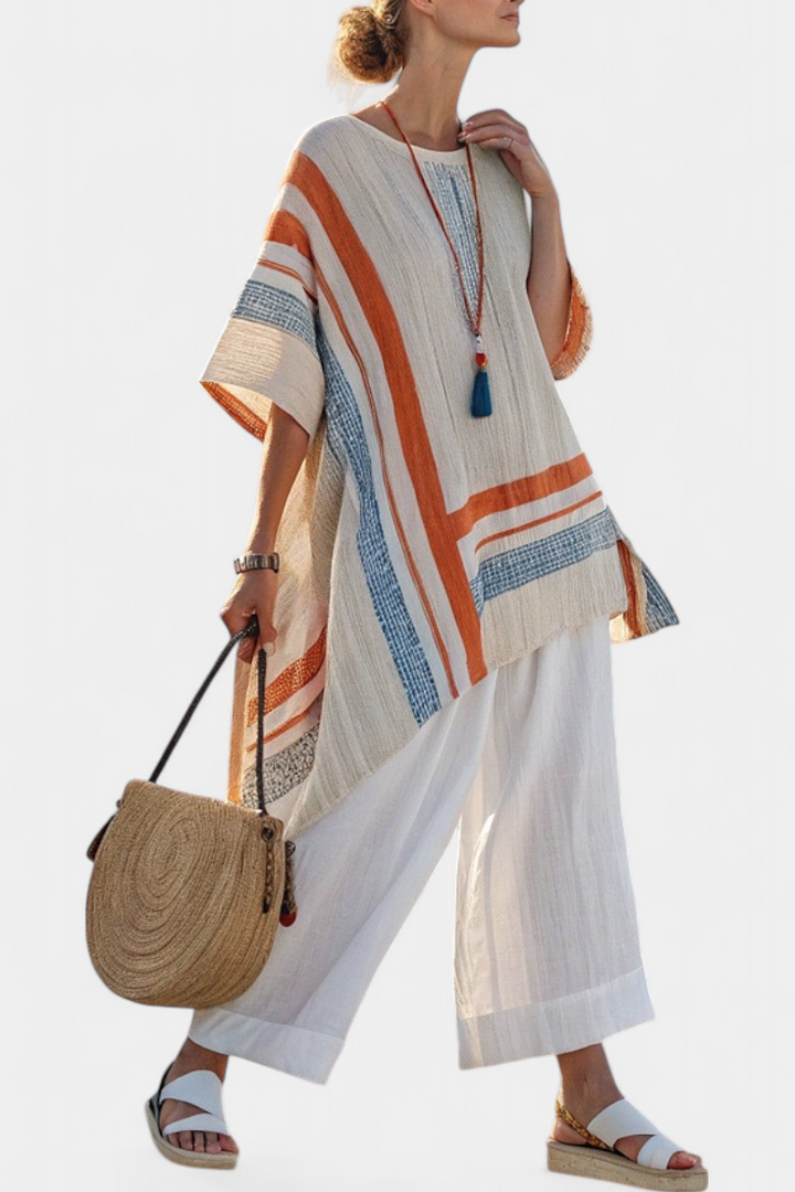 Loredana – Asymmetrical Blouse and Wide Linen Trousers
