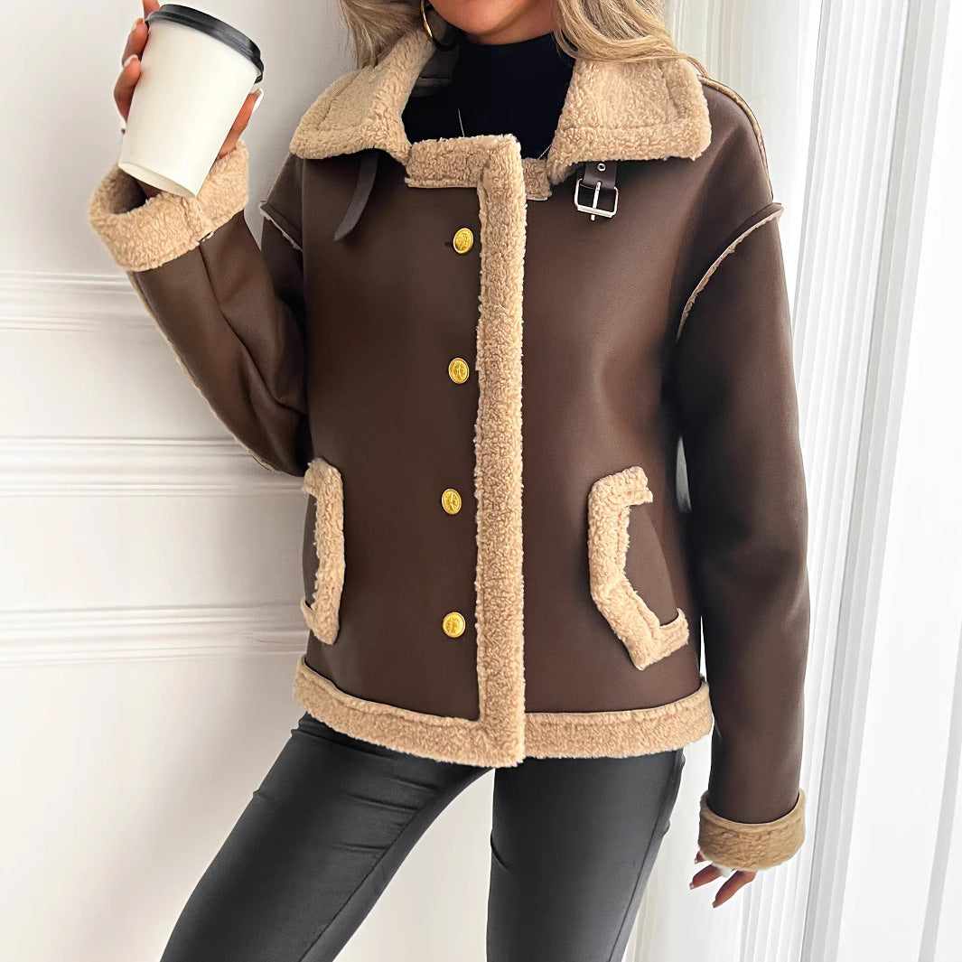 Women's teddy fleece jacket with button placket and side pockets