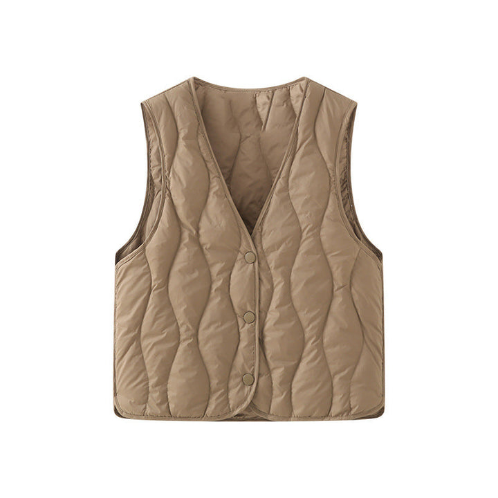 Women's quilted thermal vest with a V-neck and snap-button placket
