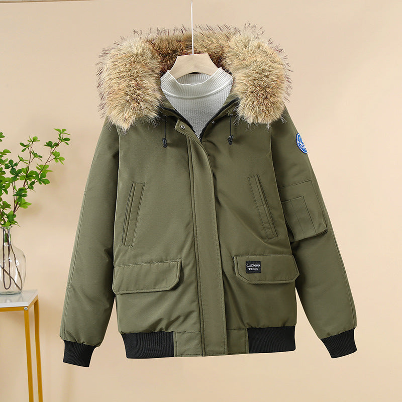 Women’s padded bomber jacket with detachable faux-fur hood and ribbed cuffs