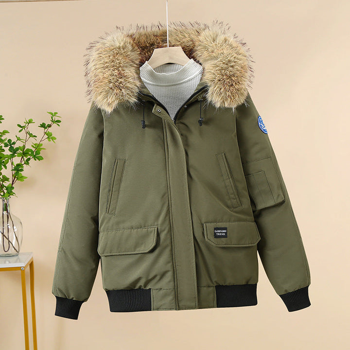 Women’s padded bomber jacket with detachable faux-fur hood and ribbed cuffs