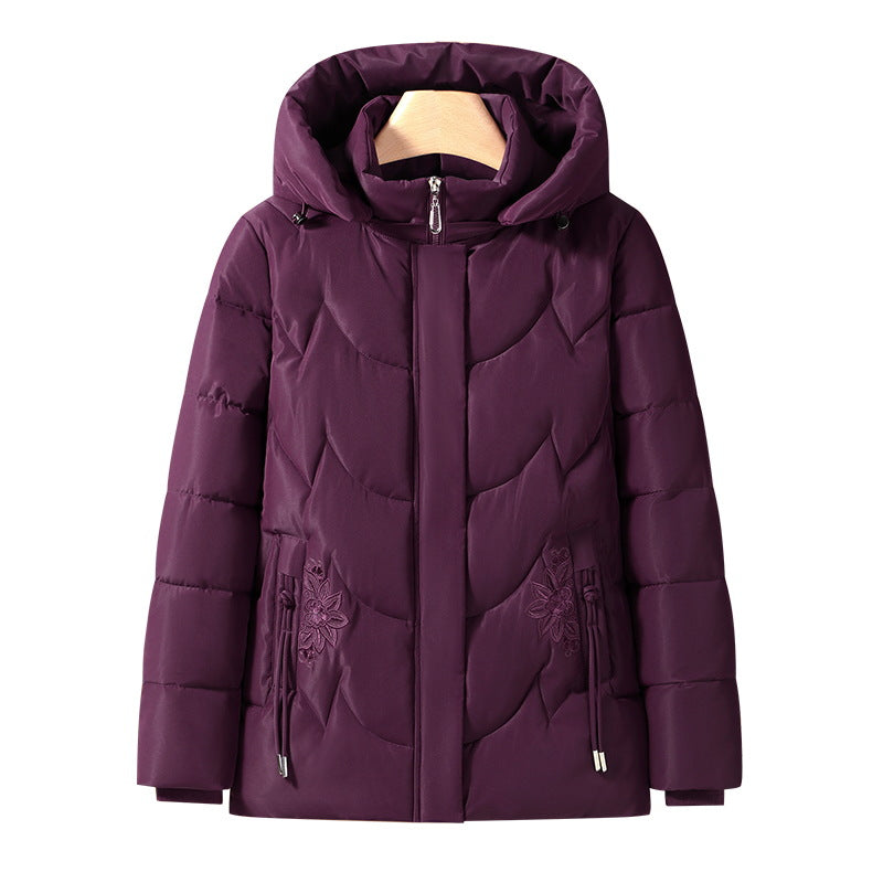 Women’s quilted thermal outdoor jacket with a hood and floral pocket embroidery