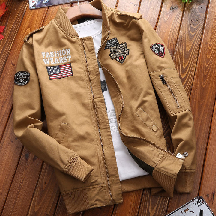 Men's patchwork bomber jacket with sleeve pocket and ribbed cuffs