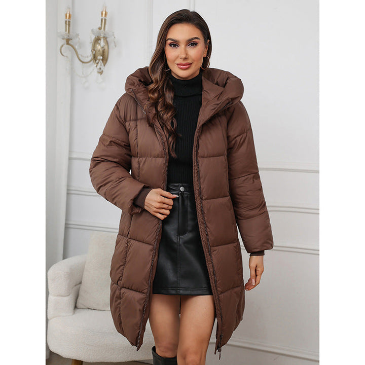 Women’s fitted A-line thermal parka with hood and two-way zipper