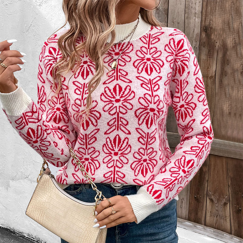 Women's round-neck sweater with floral pattern and ribbed cuffs