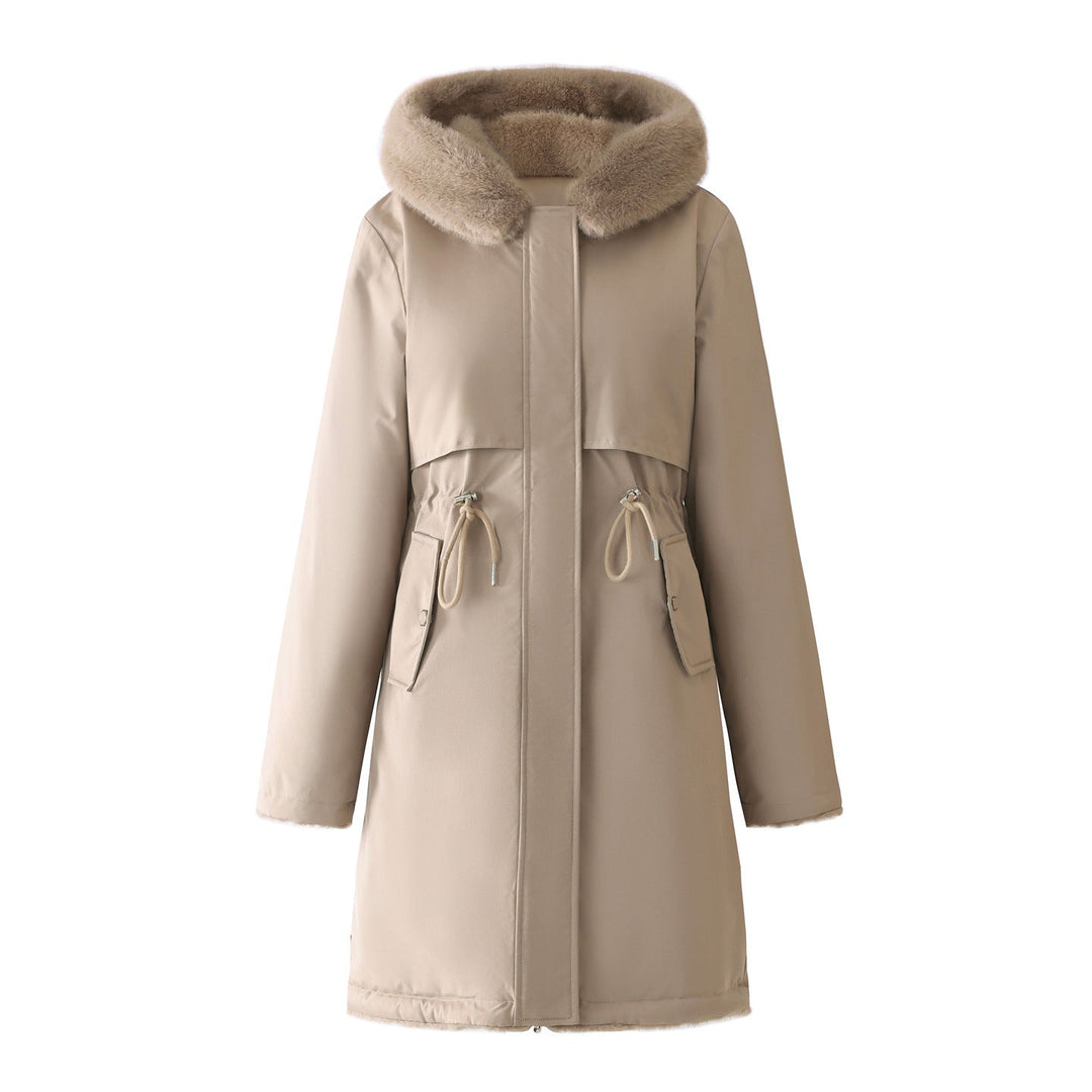 Women's long parka with detachable hood and adjustable waist drawstring