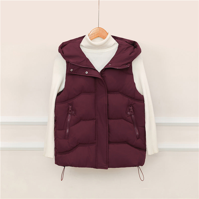 Women's padded hooded vest with drawstring and zippered pockets